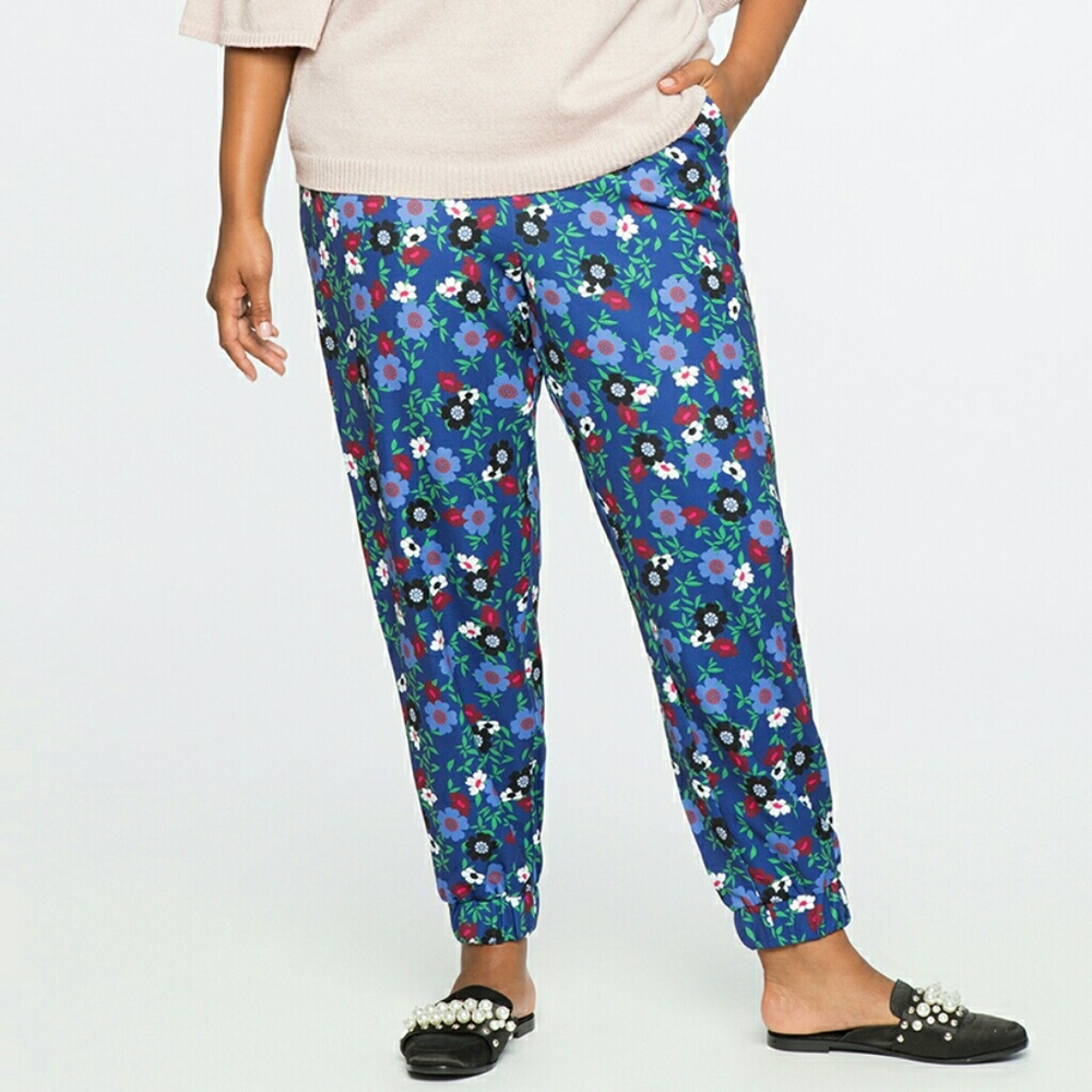 Eloquii Floral & Striped Zip Up Elastic Joggers